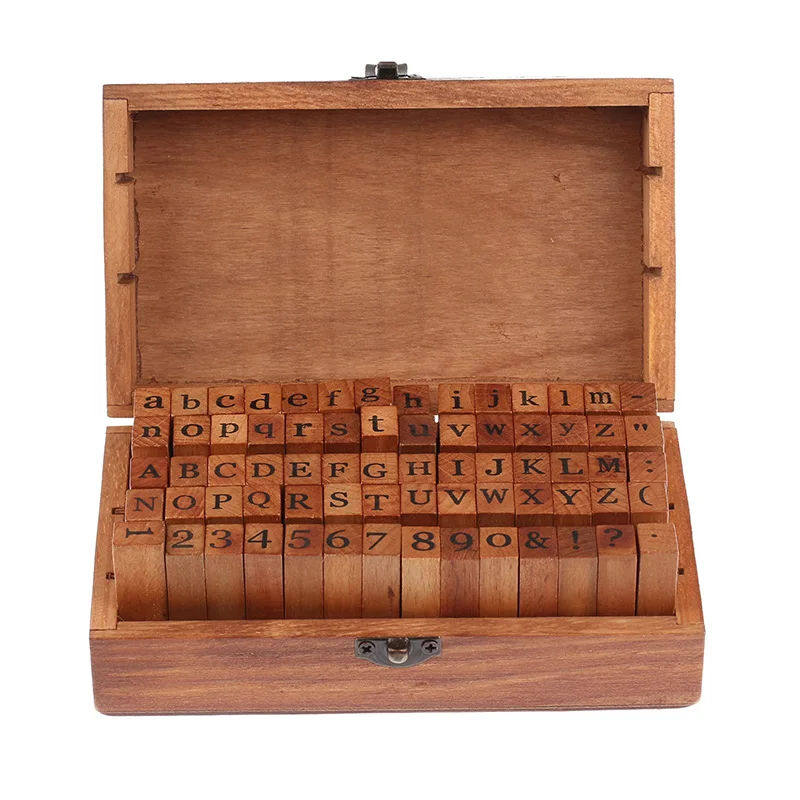 

70Pcs DIY Letter Alphabet Stamp Anglais Cursive Digital English Number Stamps Vintage Teach Set With Dark Brown Wooden Box
