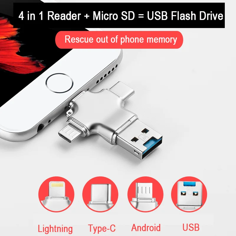 4 в 1 картридер card reader кардридер type C micro USB 3 0 кард-ридер TF sd карта для iPhone XS MAX XR 8 plus 7