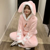 coral velvet pajamas women autumn and winter thicken warmth student cute cartoon korean loose hooded flannel suit