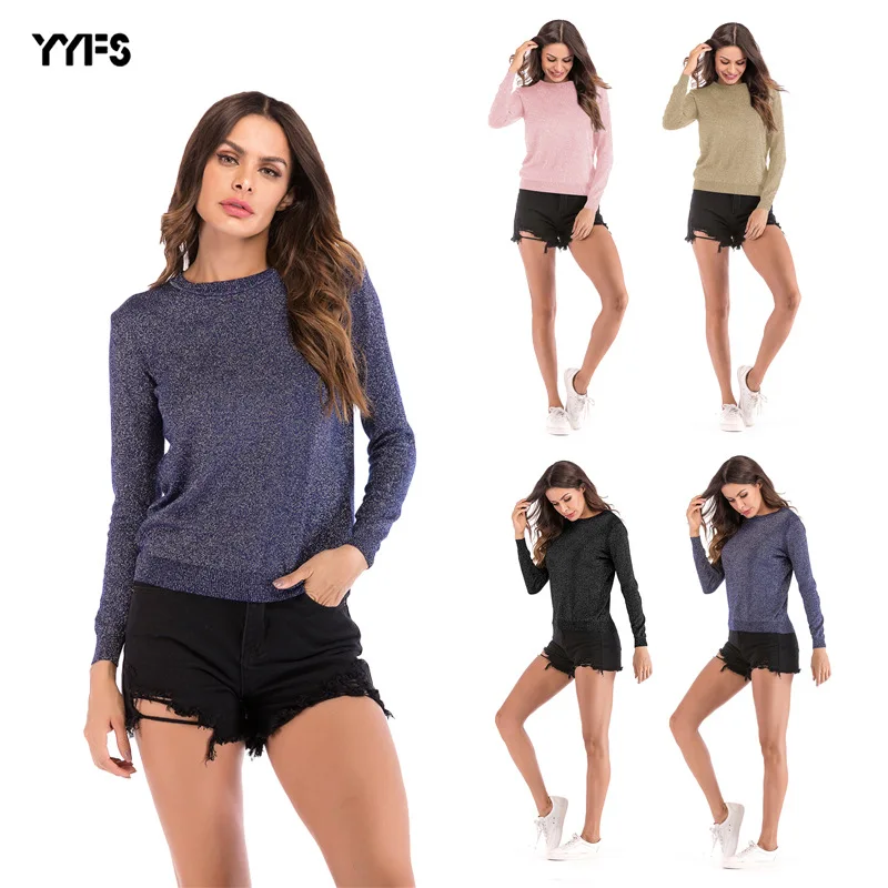 

Amazon hot women's autumn/winter European and American knitted long-sleeved solid-color T-shirt women's round collar top