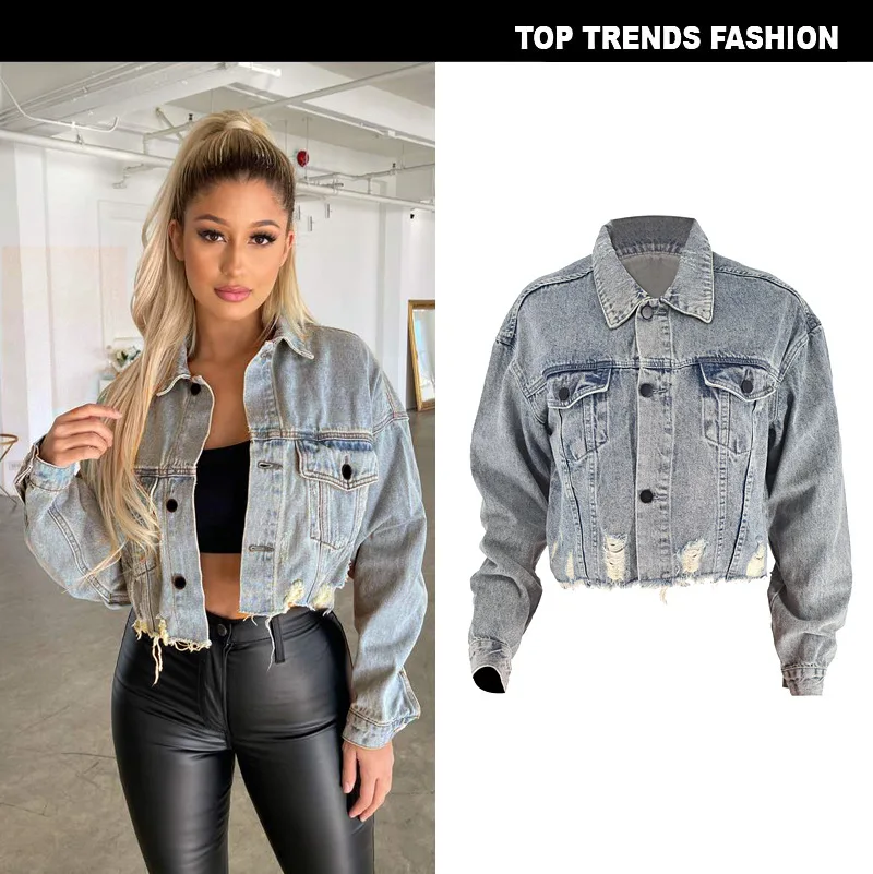 

Куртка женская джинсовая короткая, модная свободная рваная однобортная верхняя одежда из денима с бахромой и лацканами, уличная одежда, вес...