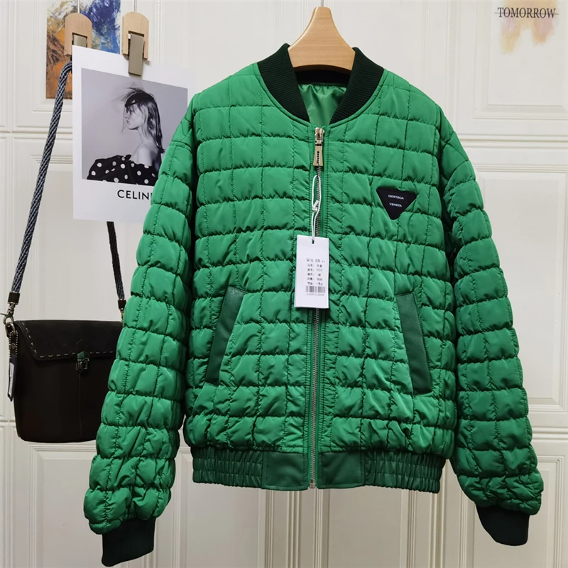 

2021 winter new style rhombus stitching embroidery baseball uniform jacket women's fashion quilted short zippercottonjacket bing