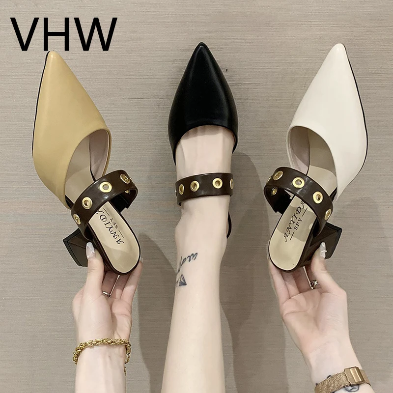 

Women Mules Shoes 2021 Summer Elegant Pointed Toe High Heels Leather Beige Slippers Ladies Women Fashion Office Sandals