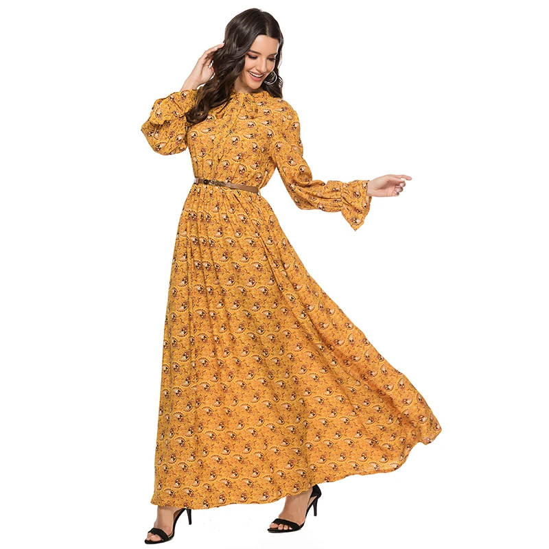 Terbaru Elegan Fashion Dubai Muslim Turki Maxi Gaun Indonesia Islamic Slim Cetak Besar Ayunan Lengan Panjang Gaun Abaya untuk Wanita