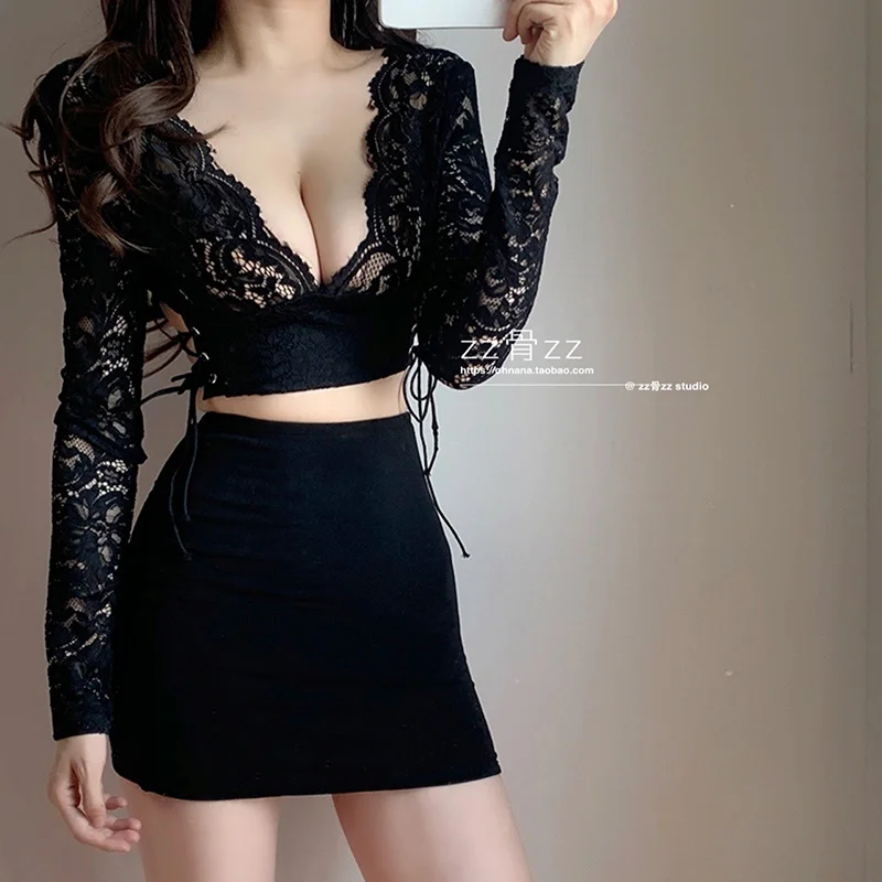 

Kywommnz 2021 Summer New T-shirt French Low Cut Lace Open Back Waist Sexy Strap Open Navel Long Sleeve Short TShirt E3447