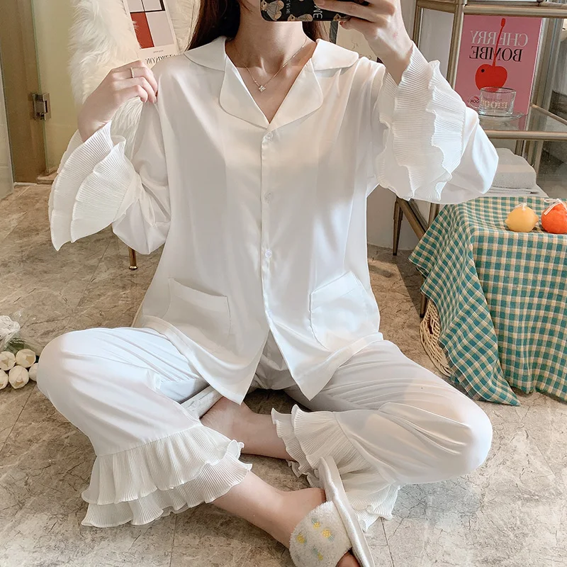

Ice Silk Pajamas Two-Piece Suit Women Spring Autumn Long-Sleeved Thin Ruffled Pajamas White Loose Casual Home Service Lady Suits
