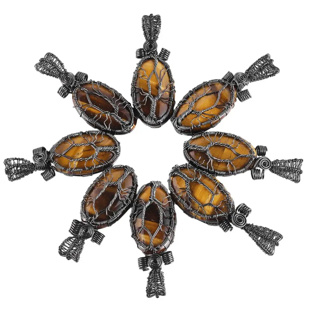 

SUNYIK Healing Chakra Oval Shape Natural Stone Tree of Life Pendant fit Necklace Handmade Copper Wire Wrapped Jewelry for Unisex