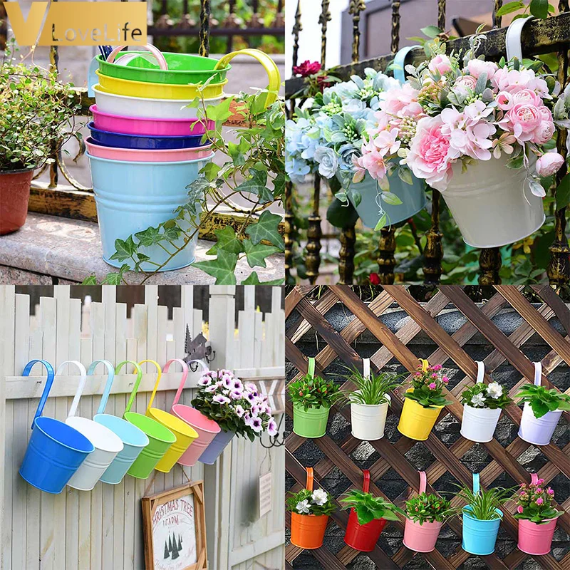 

10pcs Wall Hanging Flower Pots Metal Fence Hanging Plant Pots Iron Garden Planter Pots Tin Bucket Holder Basket Home Garden