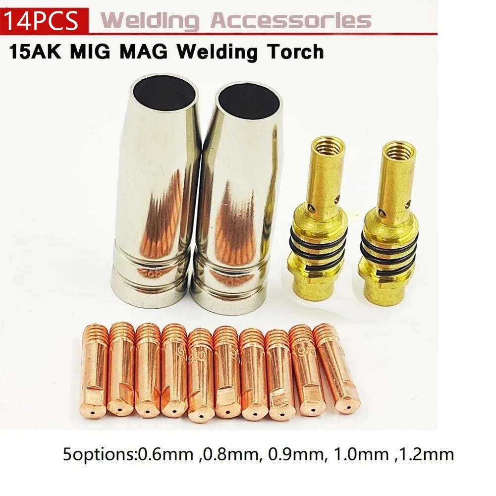 

Сварочная горелка 15AK, расходные материалы 0,6-1,2 мм, газовая горелка, держатель наконечника, аксессуары для сварочного оборудования, 14 шт.
