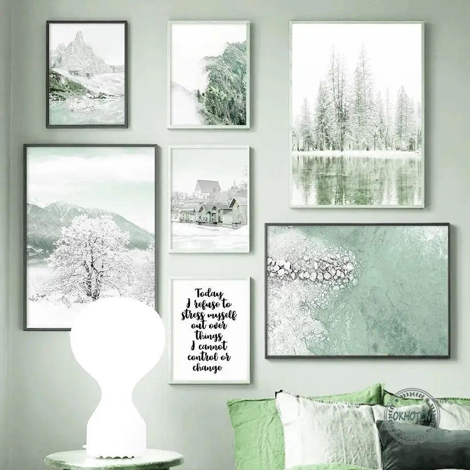 

Nordic Green Winter Scenery Canvas Painting Snow Mountain Cedar Forest Lake Posters and Prints Wall Art Pictures for Living Room