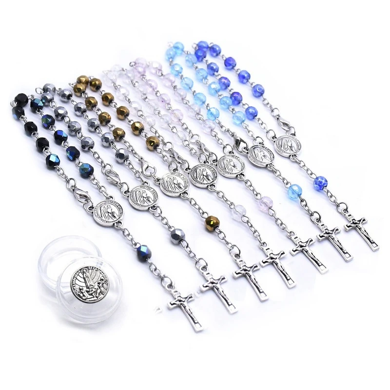 

Random Holy Jesus Cross Bead Bracelets with Box Fashion Christianity Jewelry Catholicism Exorcism Talisman Pendant Church Gift