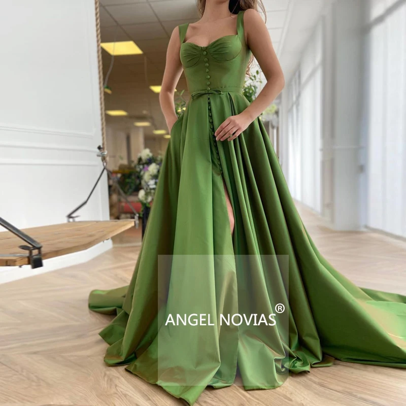 

Long Elegant Green Satin Evening Dresses 2021 with Slit Women Dubai Arabic Prom Gown Robe Longue Soiree