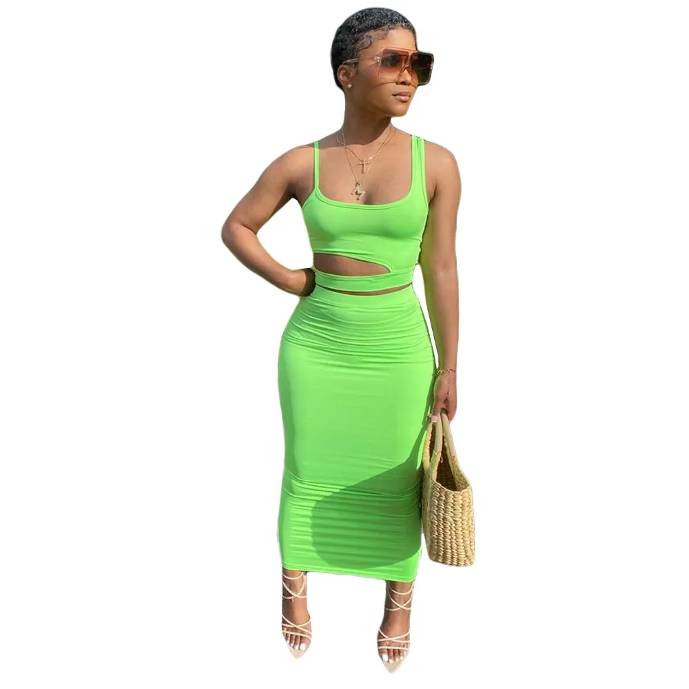 

Two Piece Fashion Women's Clothing Sexy Sleeveless Sling Short Tops Personality Hollow Folds Solid Color Casual Long Skirt Suit