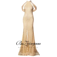 baziiingaaa luxury gold beaded evening dress halter neck gold gown sleeveless mermaid design suitable for formal evening