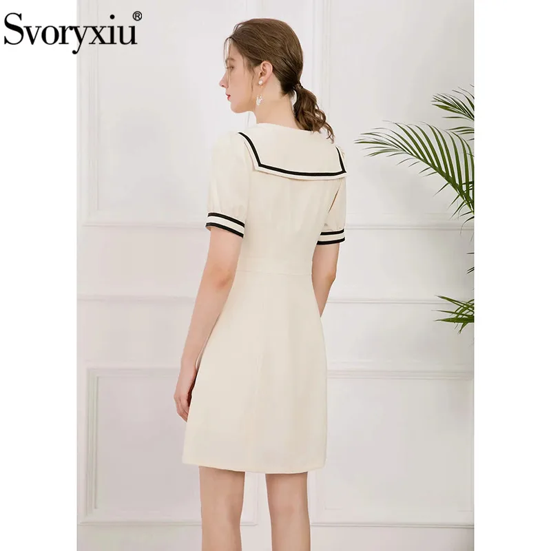 

Svoryxiu Designer 2021 Summer Ivory White Midi Dress Bow Lapel Short Sleeve Solid Party A-Line Elegant Dresses Vestidos
