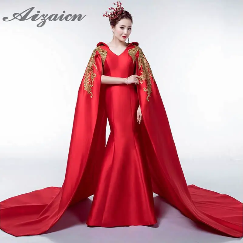 

Luxury Red Tailing Evening Dress Elegant Gold Phoenix Embroidery Vintage Cheongsam Dresses Traditional Chinese Wedding Gown