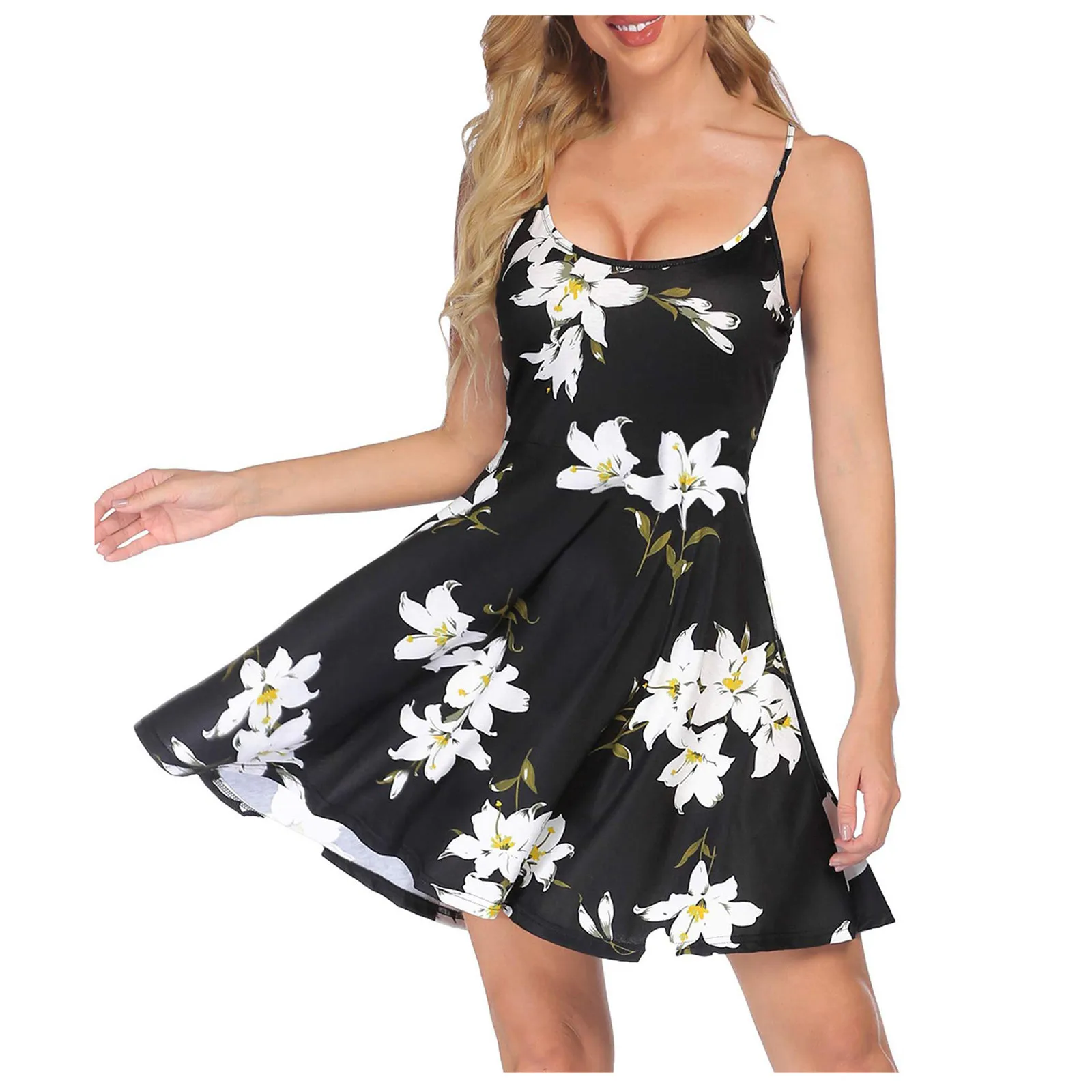 

Sexy Women'S Summer Sleeveless Cami Mini Dress Casual Low Cut Floral Printed Spaghetti Strap Swing Beach Dress Party Sundress
