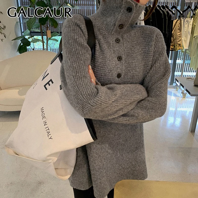 

GALCAUR Casual Loose Solid Sweater Female Turtleneck Long Sleeve Fashion Temperament Sweaters For Women Autumn Style 2021 New