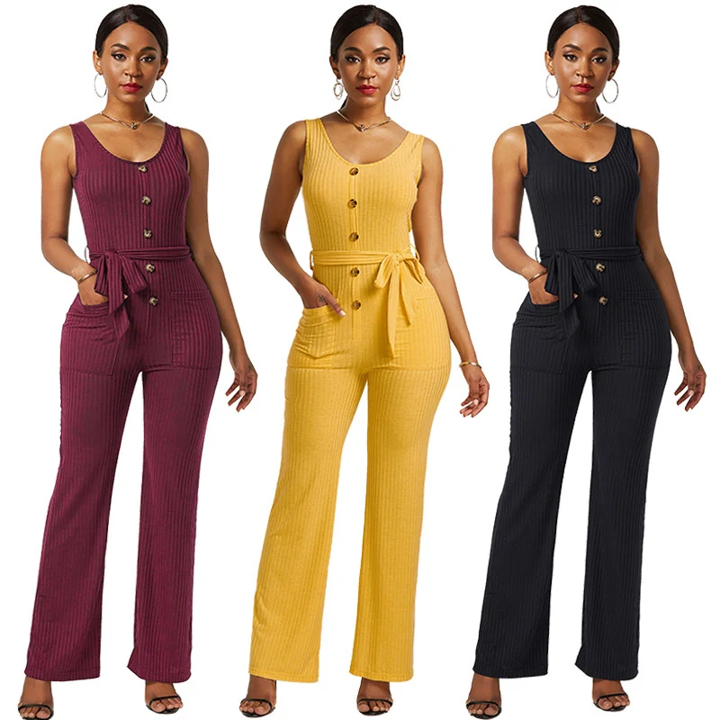 

2021 Summer Women's Fashion Sexy Solid O Neck Spaghetti Straps Sleeveless Pit Bar Button Sashes Pockets Jumpsuits Ladies