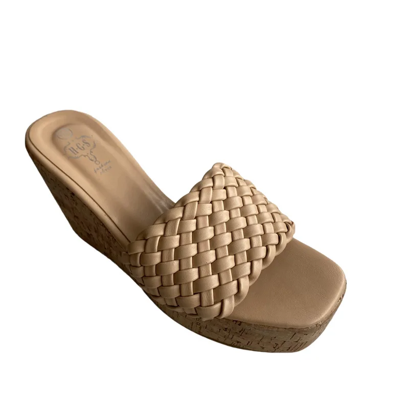 

Low Shoes Woman's Slippers Slides Square Toe On A Wedge Heeled Mules Platform 2021 High Basic Rome Fabric Rubber PU Hoof