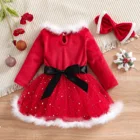 Повседневное платье с длинным рукавом для маленьких девочек, рождественское бархатное Сетчатое платье-трапеция с прострочкой и повязкой на голову