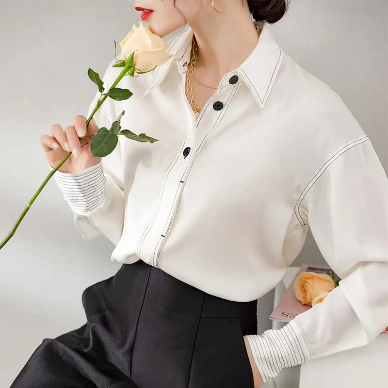 

100% Silk Women's Shirt Turn Down Collar Long Sleeves Trim Piping Elegant Blouse Tops