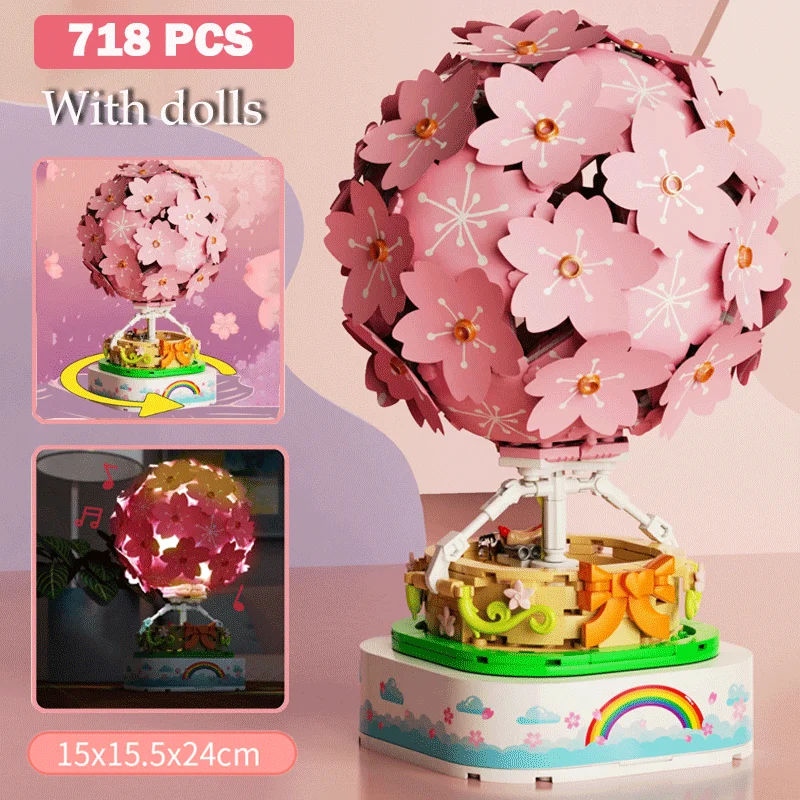 

New 718Pcs Cherry Blossoms Hot Air Balloon Shining Music Box Rotating Sakura Building Blocks Bricks Toys for Children Girls Gift