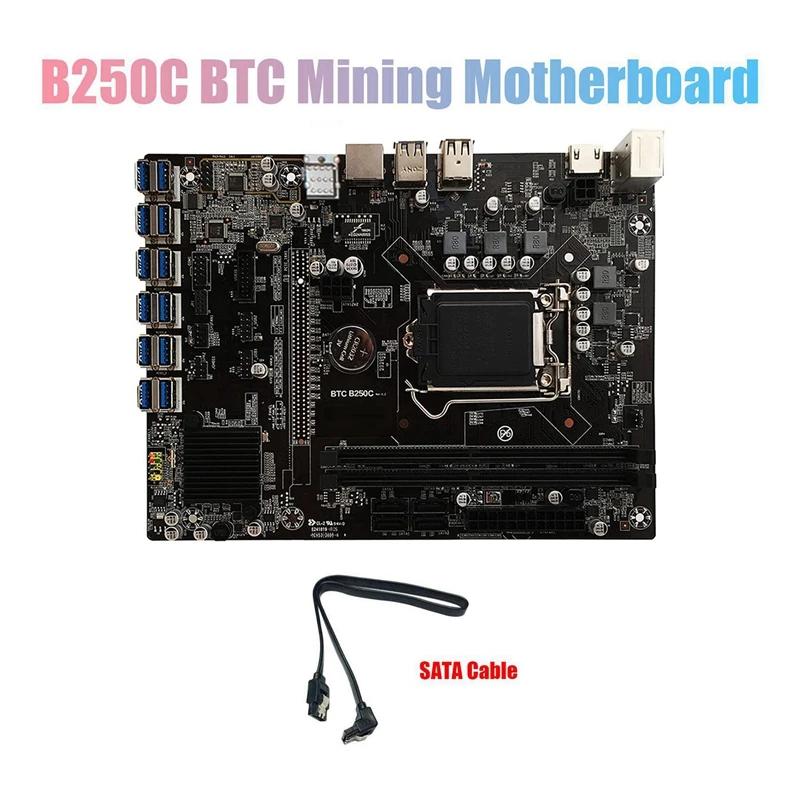 NEW-B250C BTC Mining Motherboard with SATA Cable 12XPCIE to USB3.0 Graphics Card Slot LGA1151 Supports DDR4 DIMM RAM for BTC