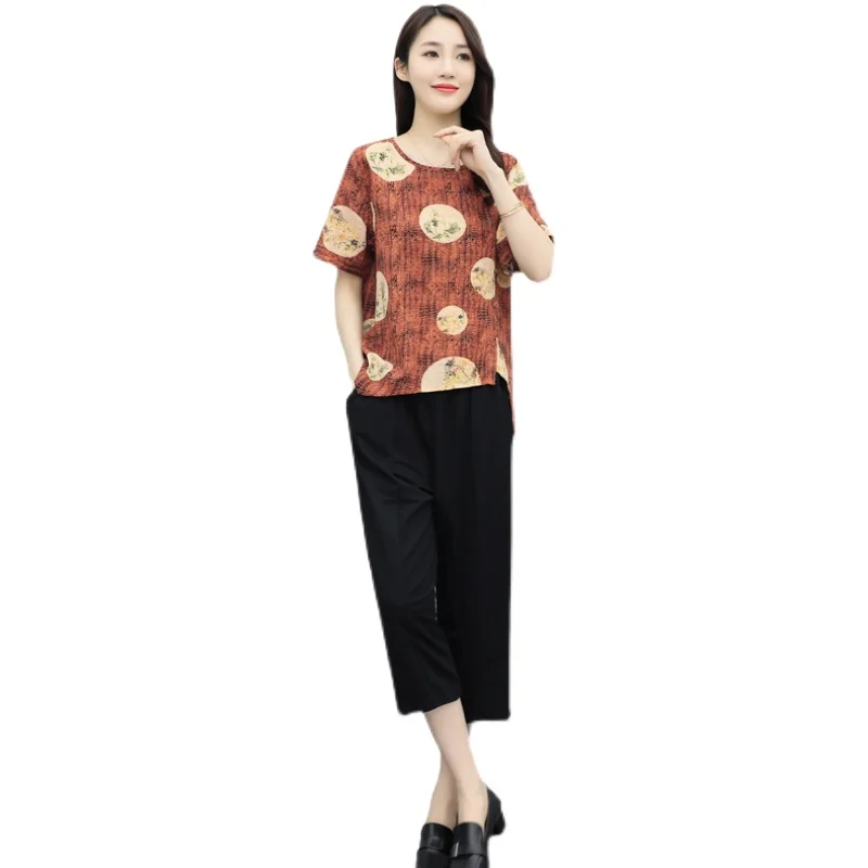 

2021 Summer Women 2Pcs Print Blouse+Pants Office Lady Two Pieces Set Casual Loose Fashion Tops And Calf Length Trousers Sets