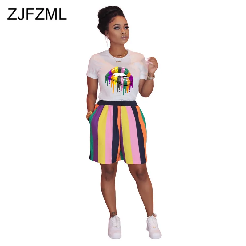 Комплект из 2 предметов с принтом радужных губ Летняя одежда для женщин Футболка