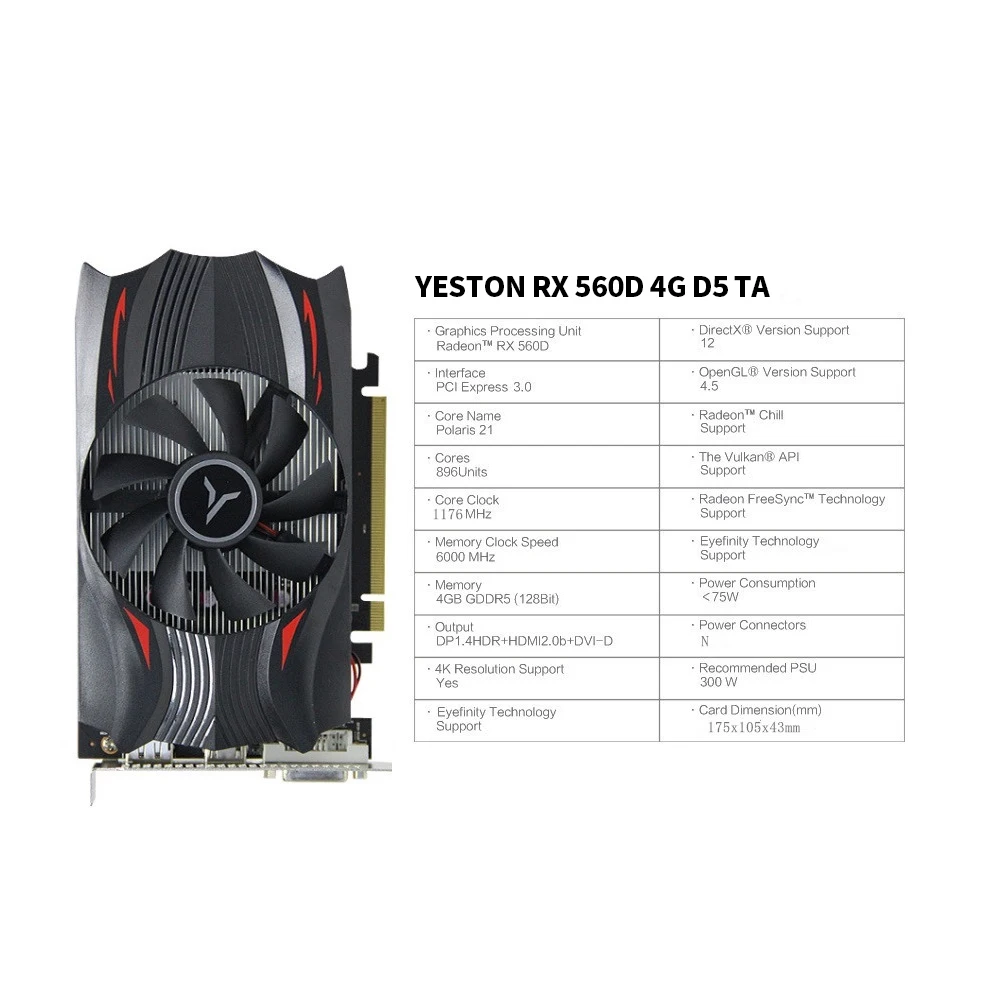 Видеокарта Yeston RX560D-4G D5 TA Дискретная игровая графическая карта с памятью 4 ГБ/1176