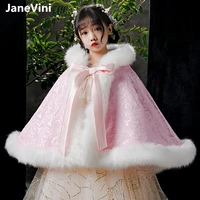 janevini new arrival 2021 flower girls hooded cloak bolero winter warm pink faux fur shawl wrap shoulder cape wedding dress coat