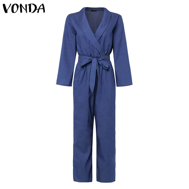 Blue Модные летние джинсовые комбинезоны VONDA, женские сексуальные комбинезоны с глубоким v-образным вырезом, повседневные льняные комбинезоны, женские свободные комбинезоны размера плюс, штаны - Цвет: Blue
