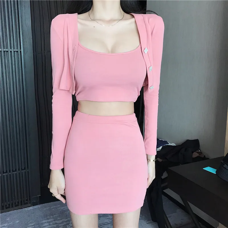 

Women Set 3 Pieces Spaghetti Strap T shirt + Mini Skirt + Cardigan Overcoat Solid Sexy Girls