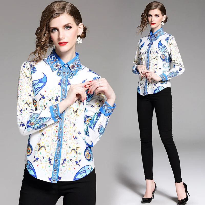 

Europe Fashion Spring Women Blouses and Shirts Office Lady Vintage Print Long Sleeve Casual Blusas Female Retro Tops