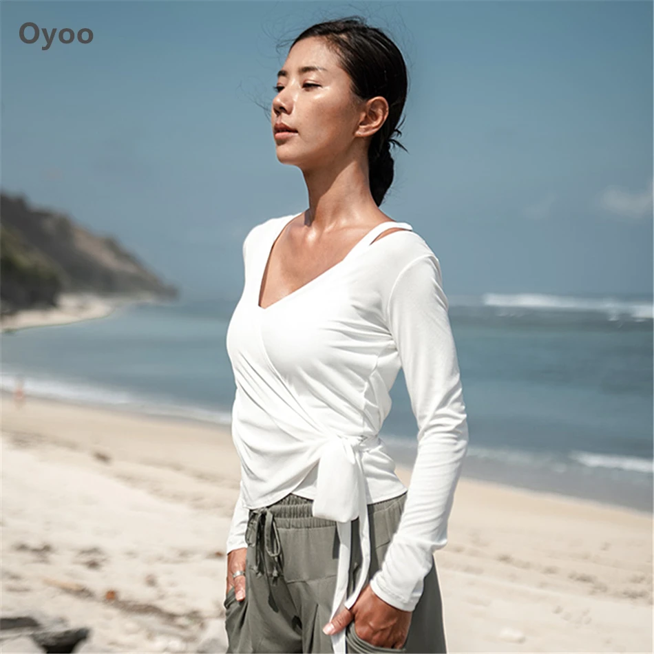 Oyoo Белый Топ с длинным рукавом для йоги Женская Спортивная одежда эластичные