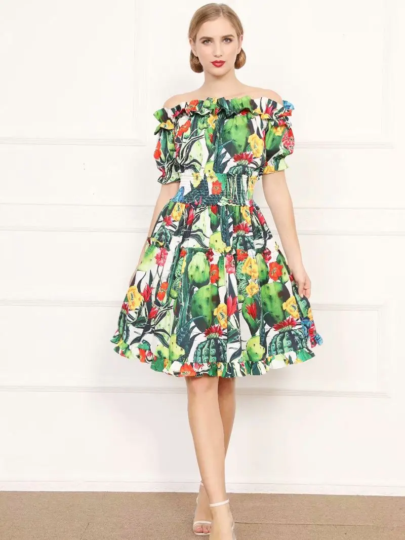 

Cactus Flower Printed One-Neck Dress Sweet and Cute Short Skirt women's summer dresses 2021 women sweetshirts Green strapless