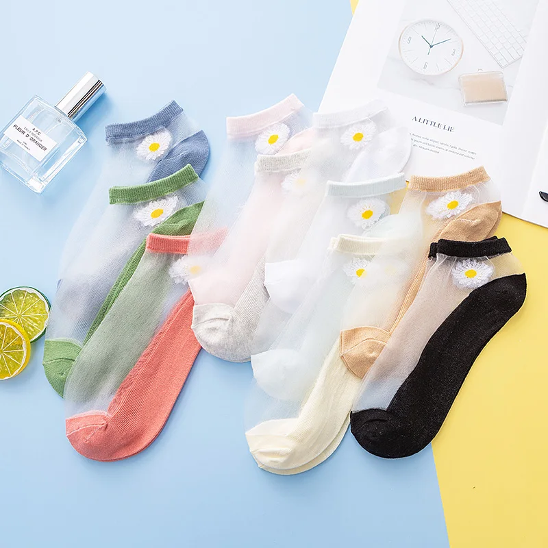 5 пары/компл. тонкие летние носки с маргаритками женские до щиколотки цветочной