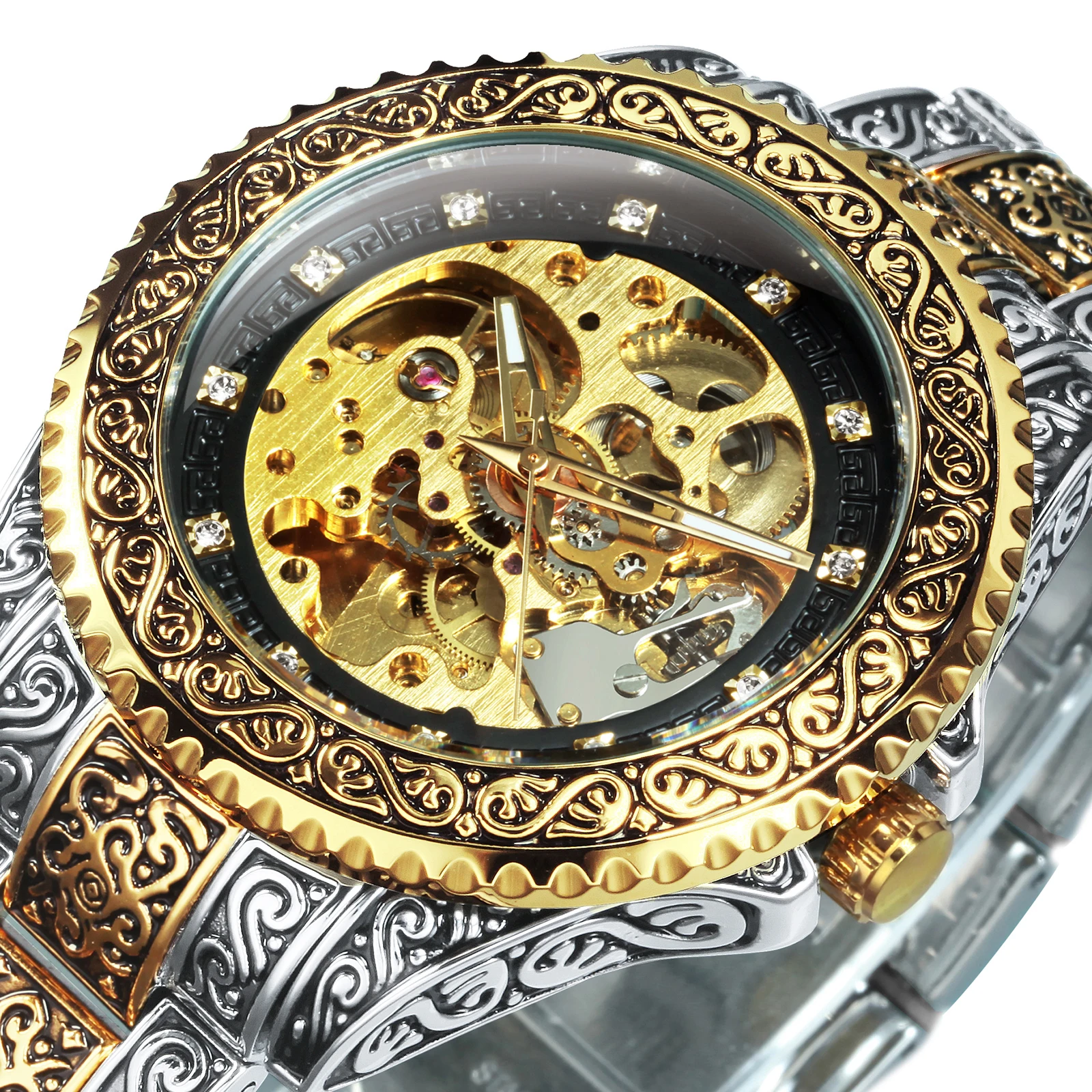 

WINNER Gold Mens Watches Top Brand Luxury 2021 Automatic Mechanical Watch Men Skeleton Stainless Steel Strap Clock reloj hombre