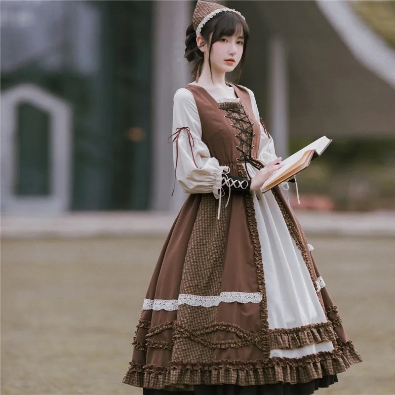 

Роскошное платье лолиты со шнуровкой, коричневое клетчатое платье с длинным рукавом в скандинавском стиле, вечернее винтажное платье в викторианском стиле на осень и зиму