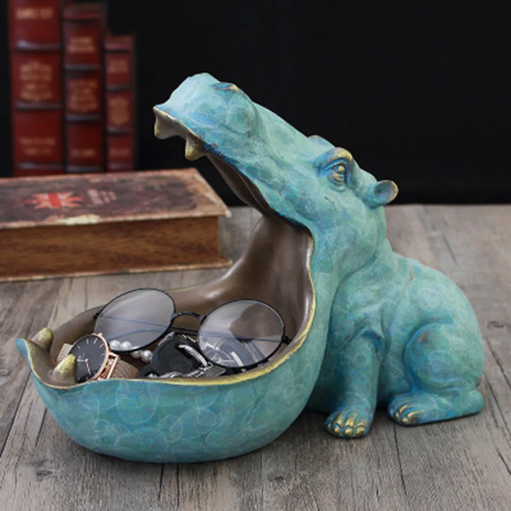 

Hippopotamus Sculpture Resin Hippo Statue Figurine Key Candy Container Decoration Home Table Decoration Accessories