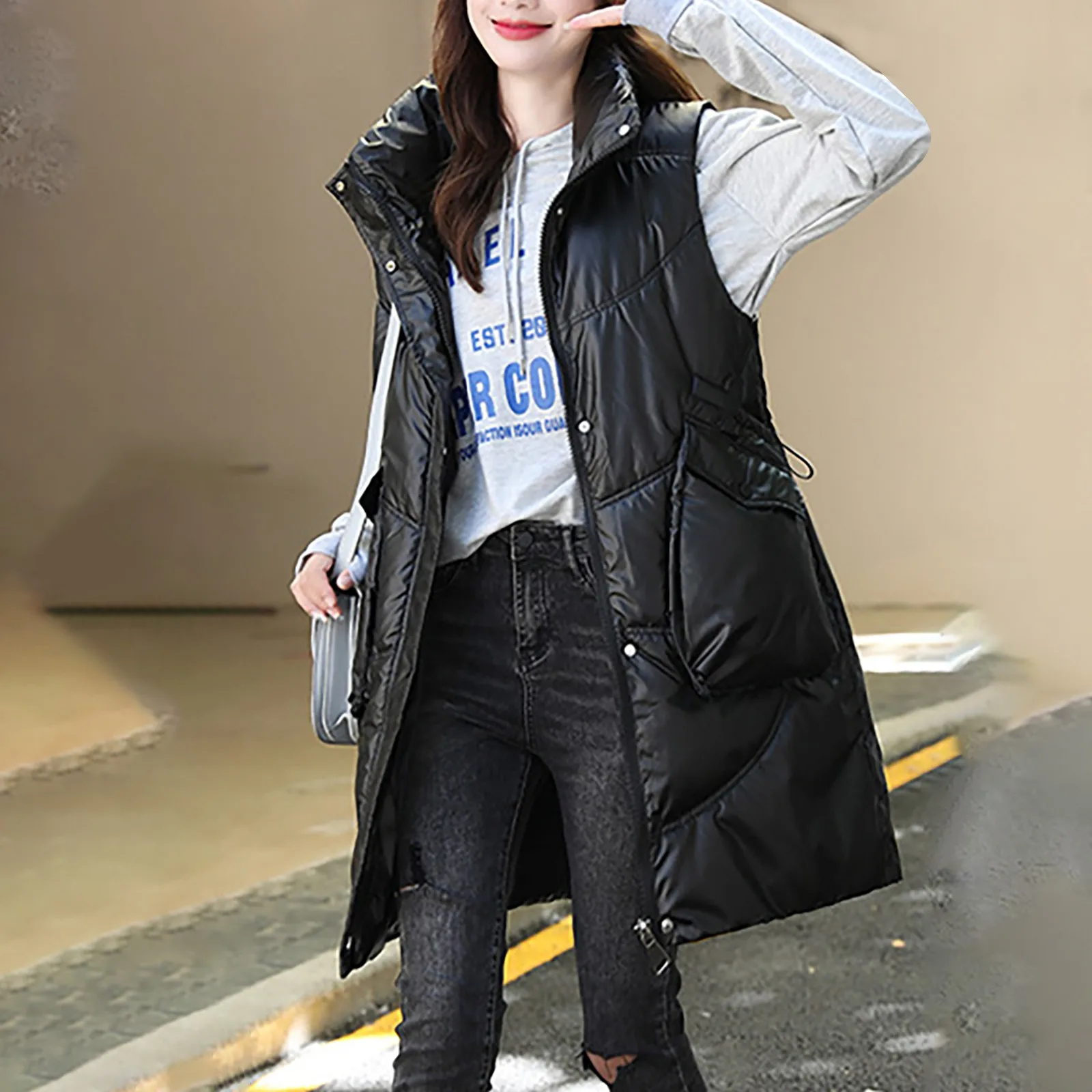 

2021 Fashion Autumn Winter Women Medi-length Thicken Hooded Down Padded Jacket Cotton Vest Coat Female Outwear Plus Size Coat