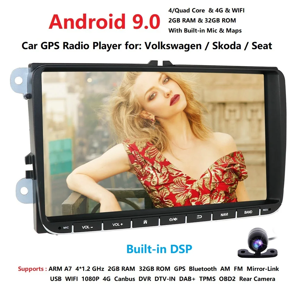 2G ram Android9.0 Автомобильный мультимедийный плеер gps для V W/Golf/Tiguan/Skoda/Fabia/Rapid/Seat/Leon/Skoda RDS стальное колесо управления камерой