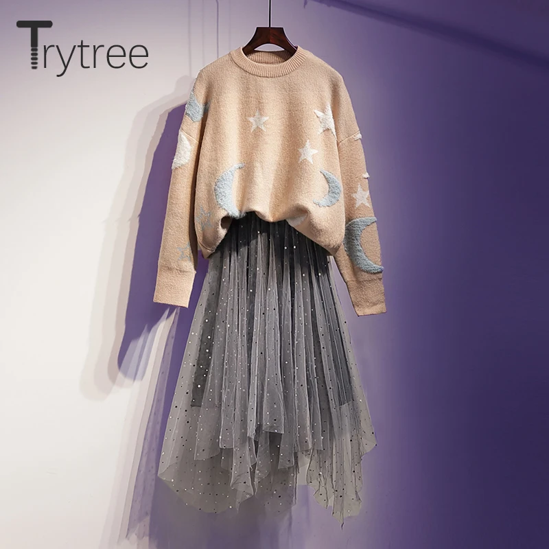 Trytree Осень Зима Женский комплект из двух предметов Повседневный Топ с круглым вырезом+ юбка в горошек вуаль модный офисный Женский до середины икры комплект из 2 предметов