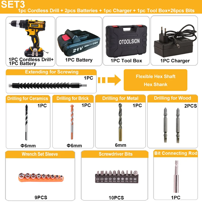 SET3 (2 pc battery) 21 в ударный Аккумуляторный шуруповерт наборы электрической дрели Аккумуляторная дрель электрические инструменты для работы по металлу - Цвет: SET3 (2 pc battery)