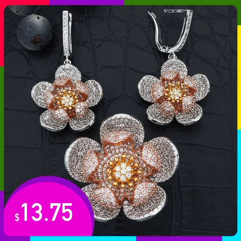 Высокое качество кубический циркон три тона золотой цветок висячие серьги