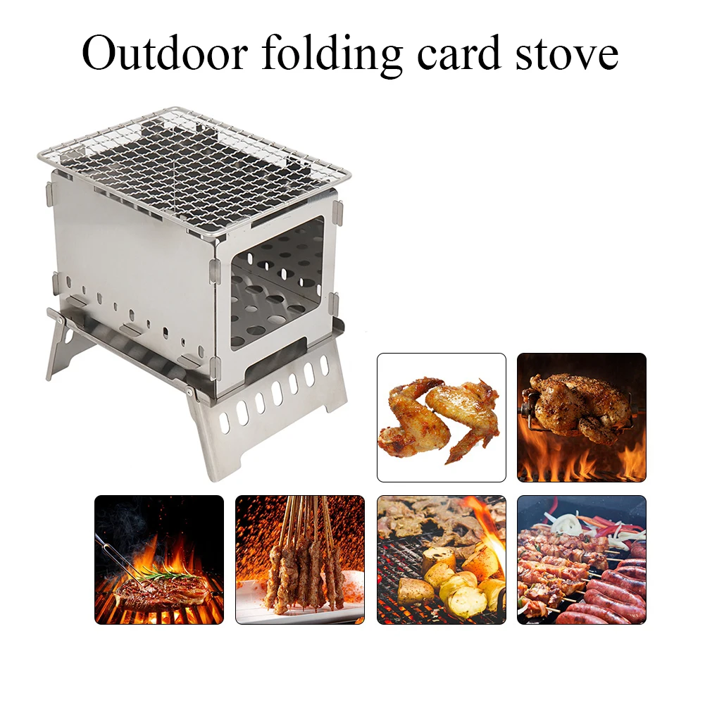 

Outdoor Camping Cooking Folding Card Stove Stainless Steel Barbecue Rack Adjustable Portable Windproof Picnic Wood Burning Stove