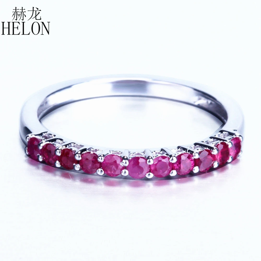 

HELON Sterling Silver 925 Half Eternal Gemstone Band Round 0.4CT Genuine Natural Ruby Ring Women Brilliant Engagement Jewelry