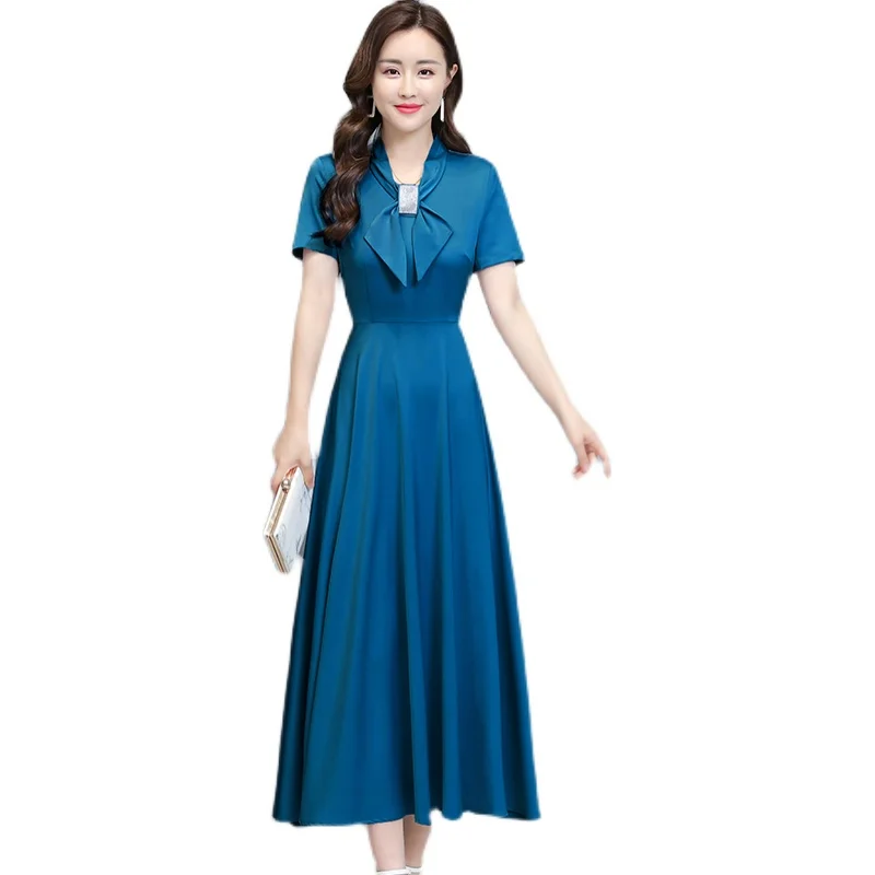 

Women Long Dress Spring Summer 2021 New Office Lady Fashion Solid Short Sleeve Chiffon Bow Lake Blue Black Wine Red Gray Dresses