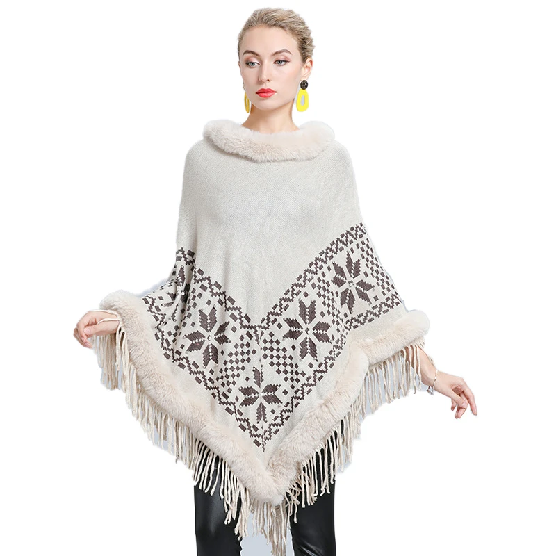 

Fashion Fur Collar Hedging Cloak Shawl Sweater Women Knitted Cashmere Poncho Capes Cloak Loose Sweater Coat Warm Shawl